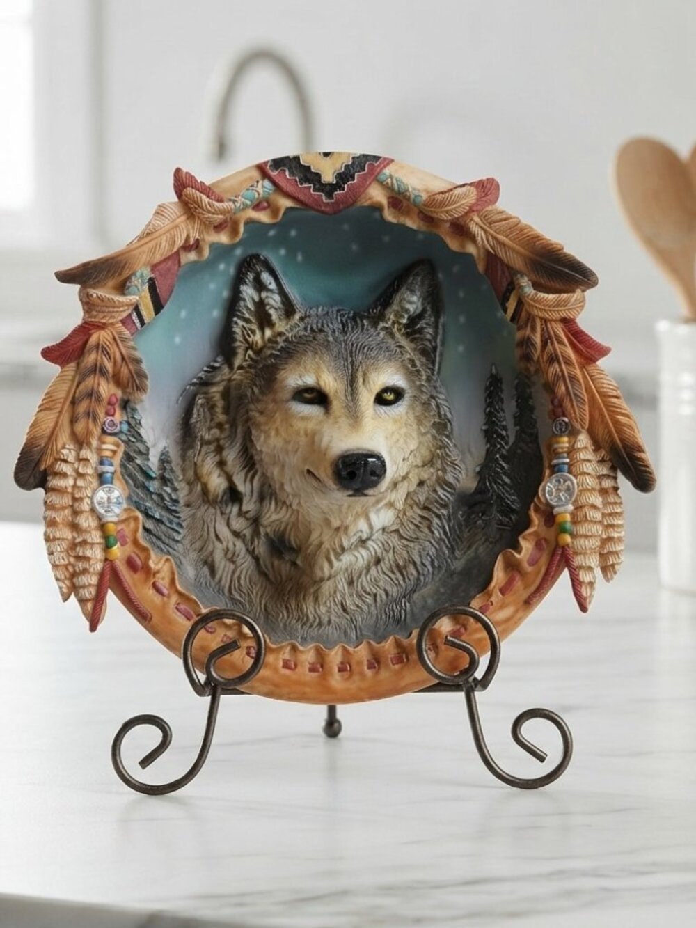 3D Resin Wolf Wall Plaque 8" Native American Style Feathers Beads Southwestern